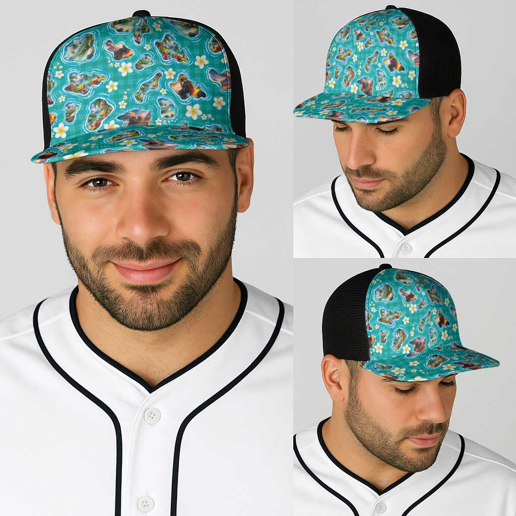 Hawaii Map with Plumeria Flower and Palaka Pattern Baseball Net Cap Tropical Island Teal Design LT03 - Polynesian Pride