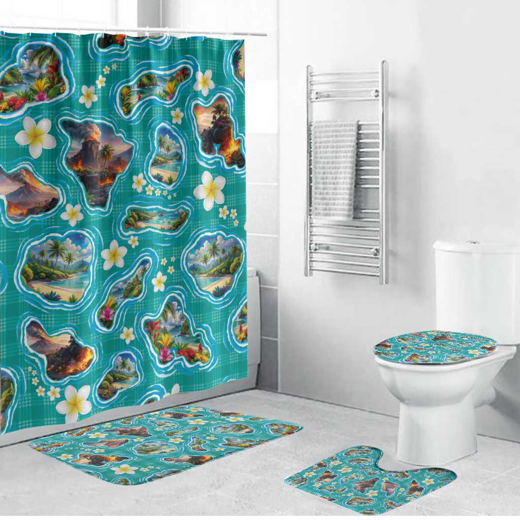 Hawaii Map with Plumeria Flower and Palaka Pattern Bathroom Set Tropical Island Teal Design LT03 Bathroom Set (4 pcs) Teal - Polynesian Pride
