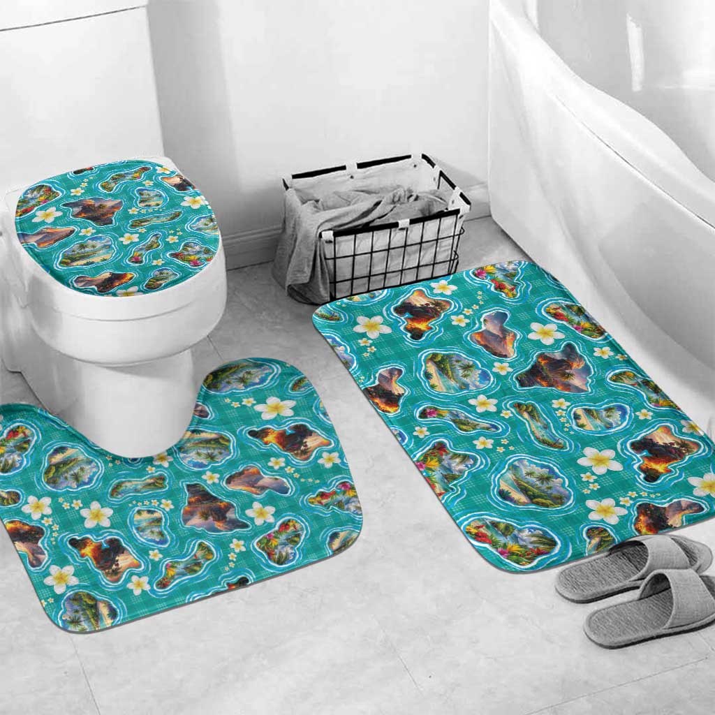 Hawaii Map with Plumeria Flower and Palaka Pattern Bathroom Set Tropical Island Teal Design LT03 Mat Set Only (3 pcs) One Size Teal - Polynesian Pride