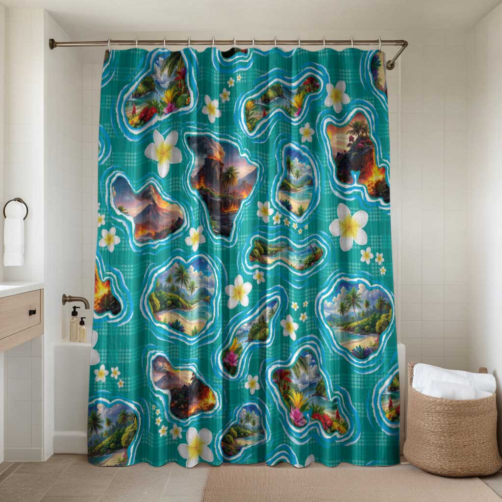 Hawaii Map with Plumeria Flower and Palaka Pattern Bathroom Set Tropical Island Teal Design LT03 Shower Curtain Only Teal - Polynesian Pride