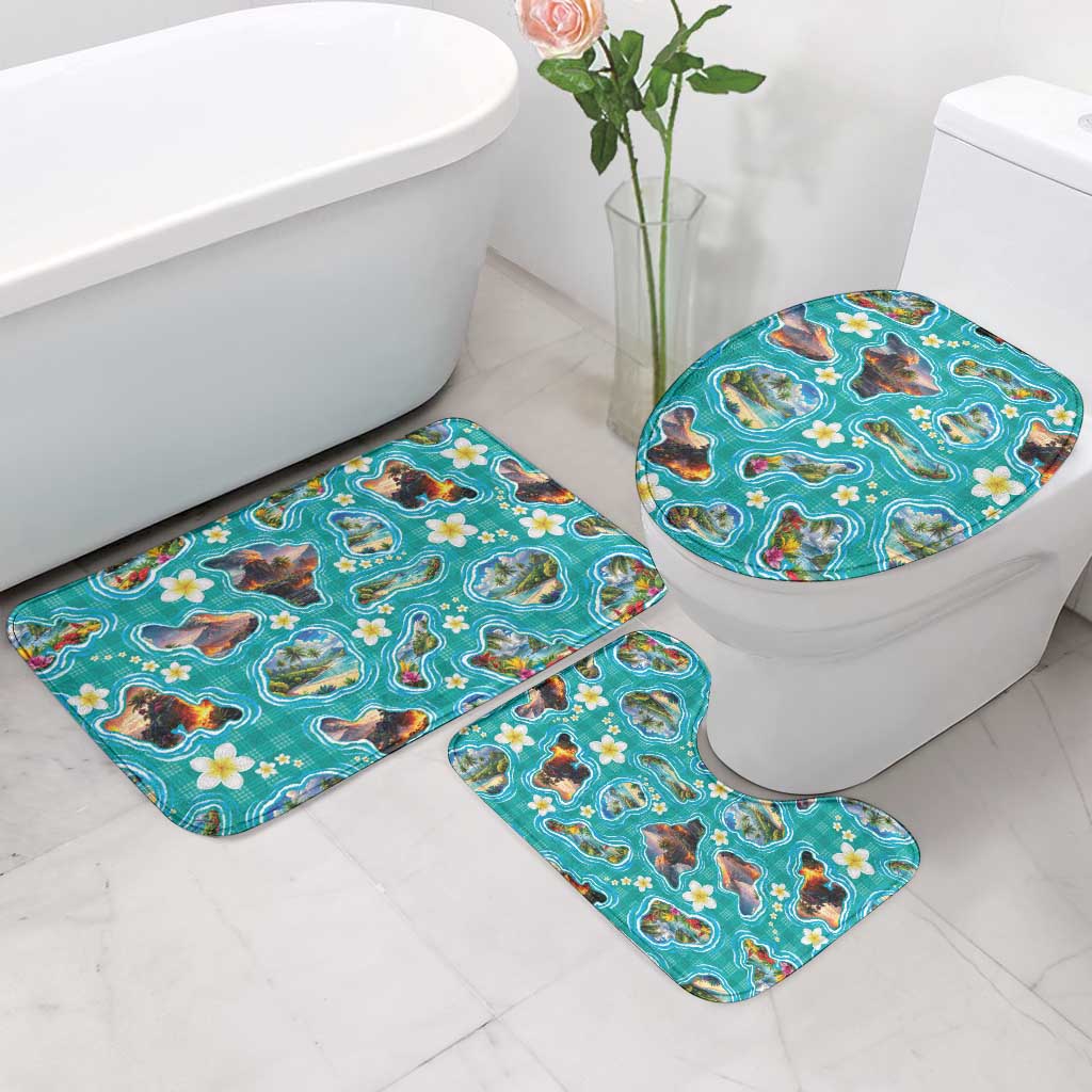 Hawaii Map with Plumeria Flower and Palaka Pattern Bathroom Set Tropical Island Teal Design LT03 - Polynesian Pride