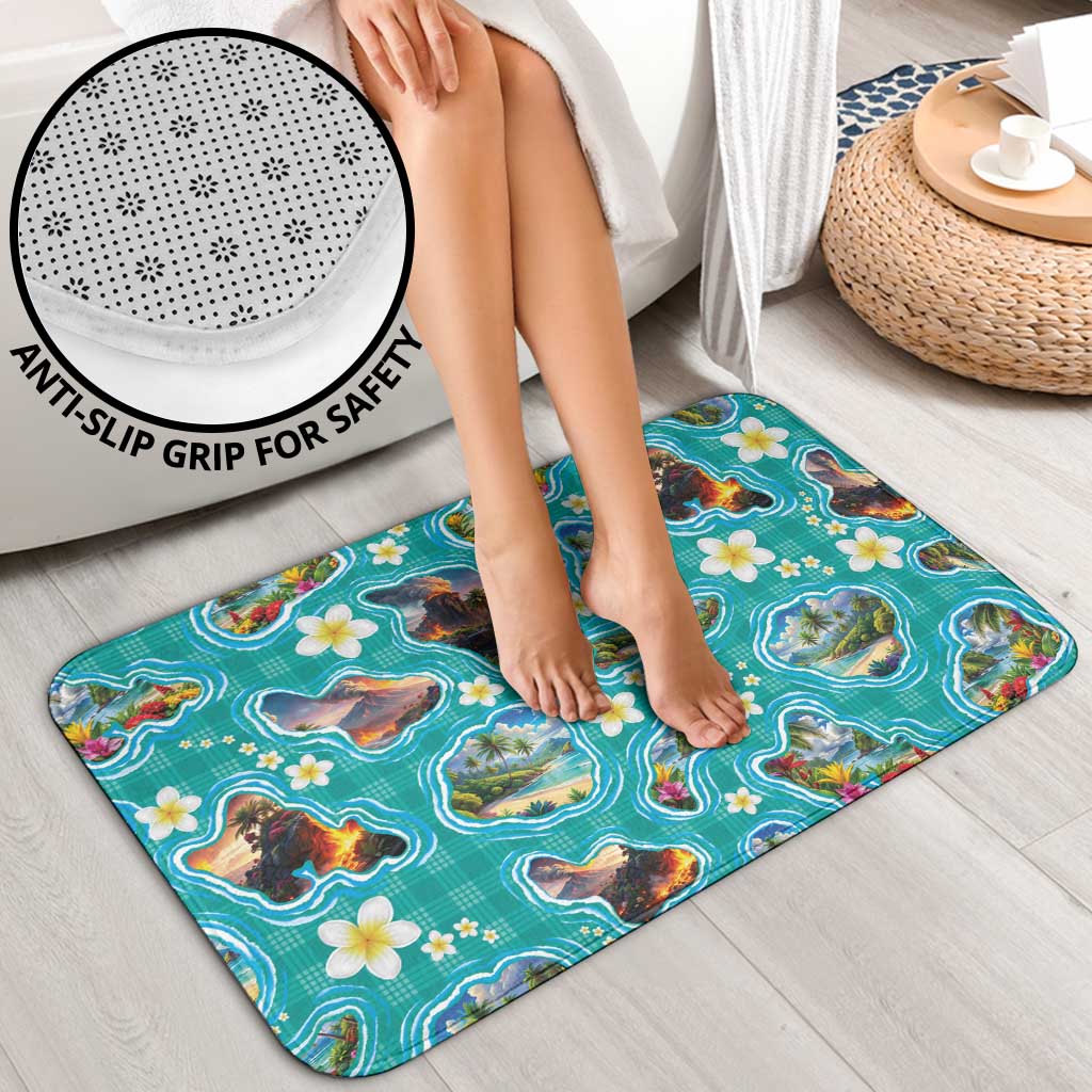 Hawaii Map with Plumeria Flower and Palaka Pattern Bathroom Set Tropical Island Teal Design LT03 - Polynesian Pride