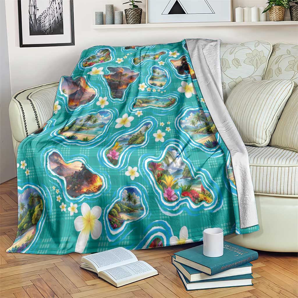 Hawaii Map with Plumeria Flower and Palaka Pattern Blanket Tropical Island Teal Design LT03 Teal - Polynesian Pride