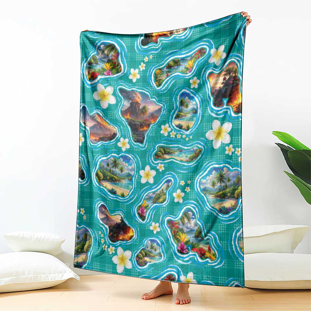 Hawaii Map with Plumeria Flower and Palaka Pattern Blanket Tropical Island Teal Design LT03 - Polynesian Pride
