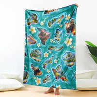 Hawaii Map with Plumeria Flower and Palaka Pattern Blanket Tropical Island Teal Design LT03 - Polynesian Pride