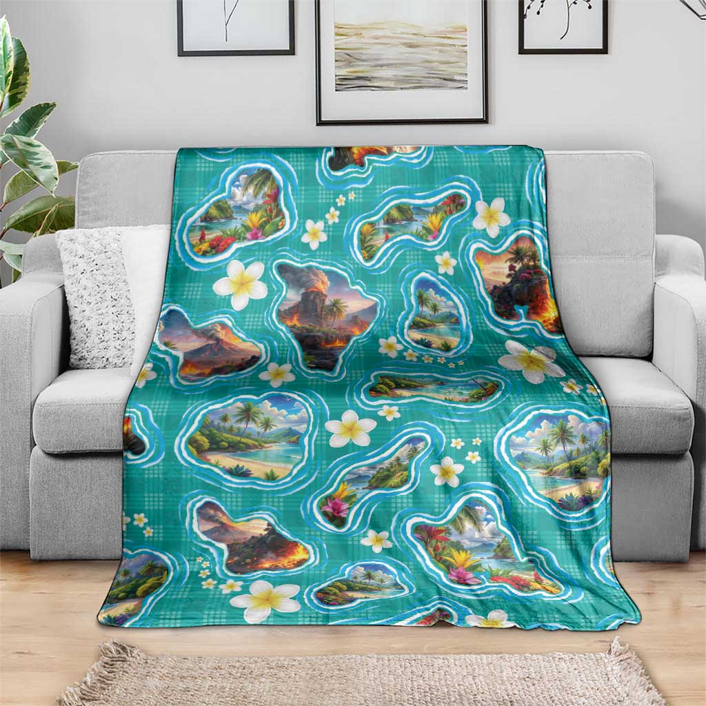 Hawaii Map with Plumeria Flower and Palaka Pattern Blanket Tropical Island Teal Design LT03 - Polynesian Pride