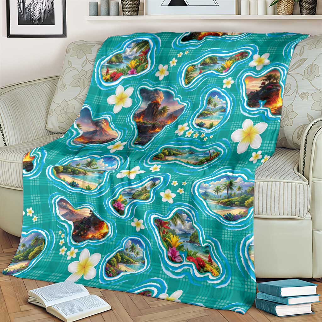 Hawaii Map with Plumeria Flower and Palaka Pattern Blanket Tropical Island Teal Design LT03 - Polynesian Pride