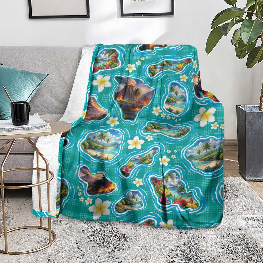 Hawaii Map with Plumeria Flower and Palaka Pattern Blanket Tropical Island Teal Design LT03 - Polynesian Pride