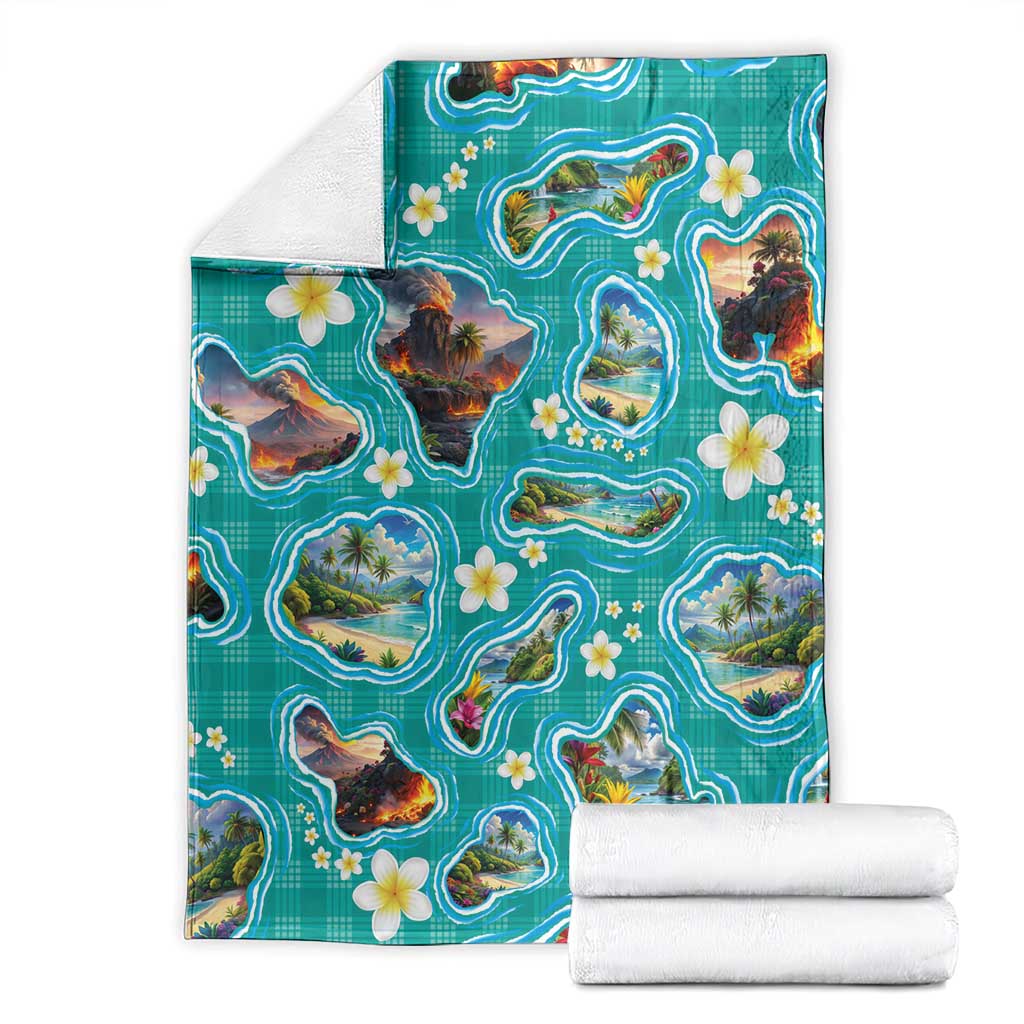 Hawaii Map with Plumeria Flower and Palaka Pattern Blanket Tropical Island Teal Design LT03 - Polynesian Pride