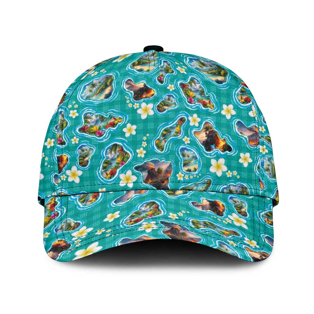 Hawaii Map with Plumeria Flower and Palaka Pattern Classic Cap Tropical Island Teal Design LT03 Universal Fit Teal - Polynesian Pride