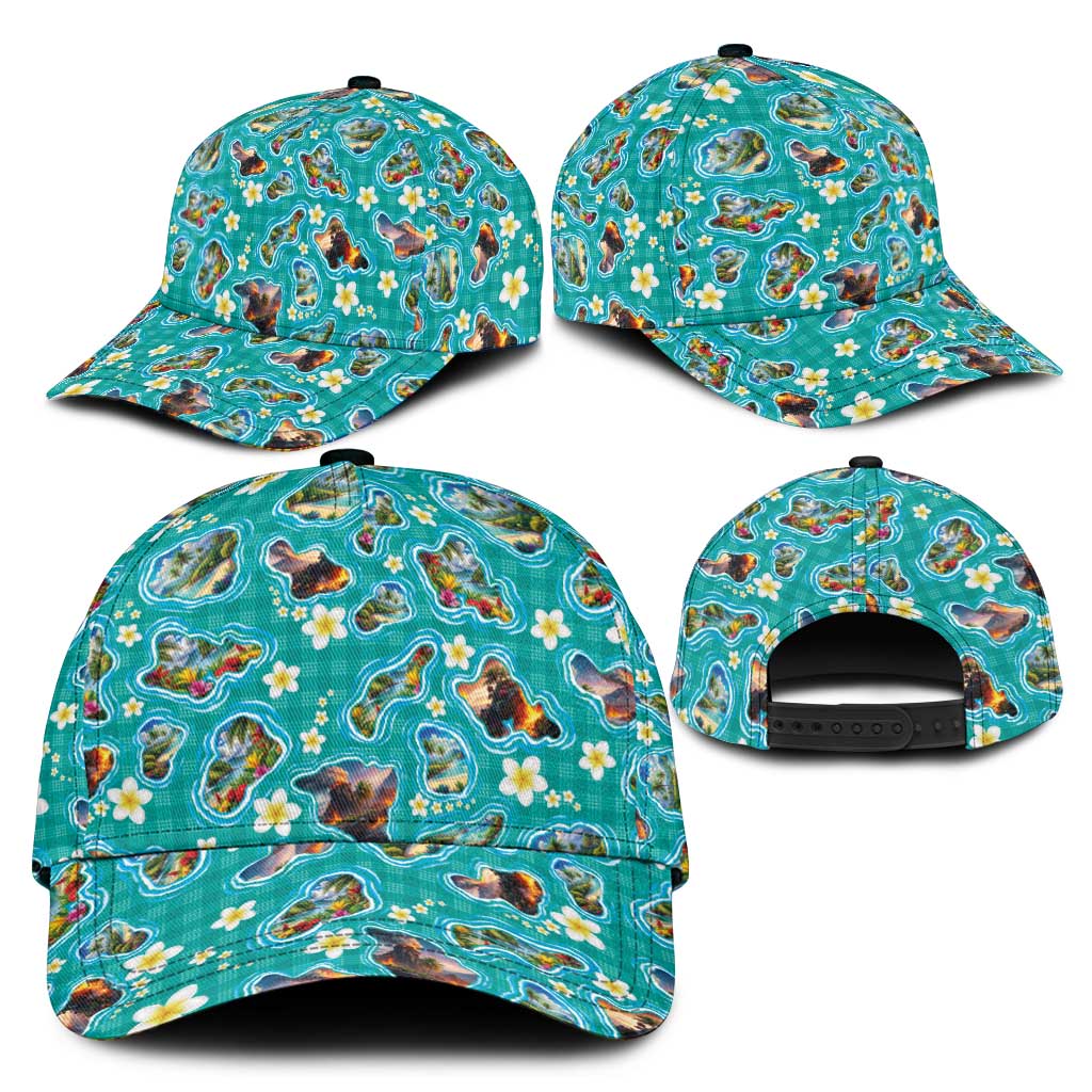 Hawaii Map with Plumeria Flower and Palaka Pattern Classic Cap Tropical Island Teal Design LT03 - Polynesian Pride