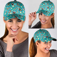Hawaii Map with Plumeria Flower and Palaka Pattern Classic Cap Tropical Island Teal Design LT03 - Polynesian Pride
