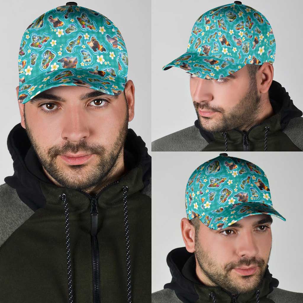 Hawaii Map with Plumeria Flower and Palaka Pattern Classic Cap Tropical Island Teal Design LT03 - Polynesian Pride
