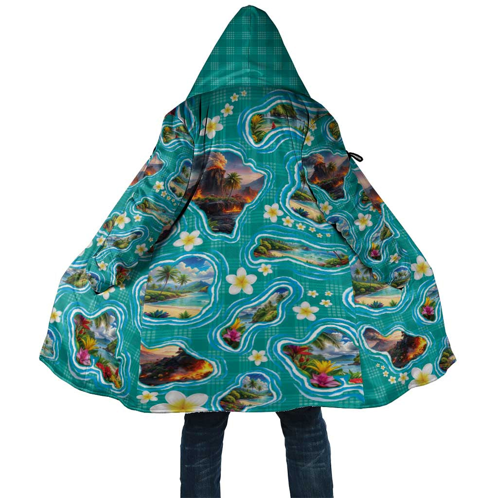Hawaii Map with Plumeria Flower and Palaka Pattern Cloak Tropical Island Teal Design LT03 Unisex Teal - Polynesian Pride