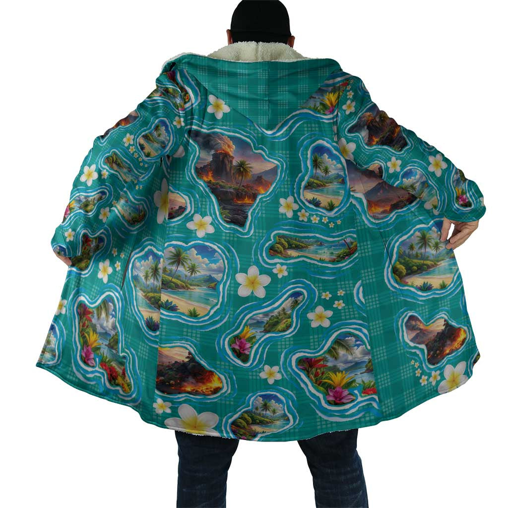 Hawaii Map with Plumeria Flower and Palaka Pattern Cloak Tropical Island Teal Design LT03 - Polynesian Pride