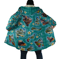 Hawaii Map with Plumeria Flower and Palaka Pattern Cloak Tropical Island Teal Design LT03 - Polynesian Pride