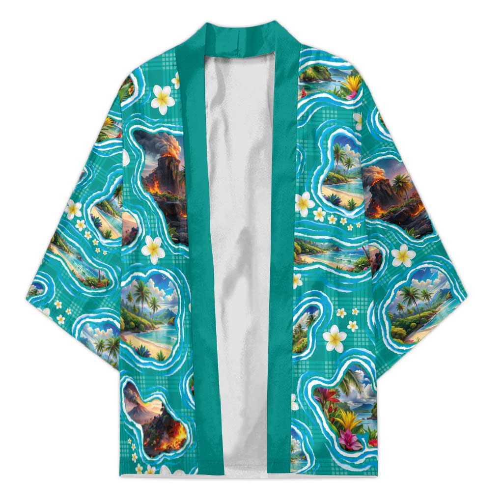 Hawaii Map with Plumeria Flower and Palaka Pattern Kimono Tropical Island Teal Design LT03 Unisex Teal - Polynesian Pride