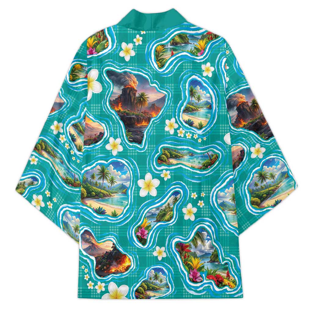 Hawaii Map with Plumeria Flower and Palaka Pattern Kimono Tropical Island Teal Design LT03 - Polynesian Pride