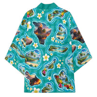 Hawaii Map with Plumeria Flower and Palaka Pattern Kimono Tropical Island Teal Design LT03 - Polynesian Pride