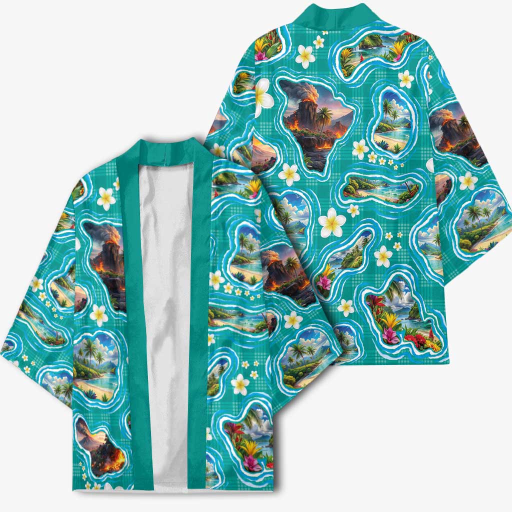 Hawaii Map with Plumeria Flower and Palaka Pattern Kimono Tropical Island Teal Design LT03 - Polynesian Pride