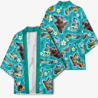 Hawaii Map with Plumeria Flower and Palaka Pattern Kimono Tropical Island Teal Design LT03 - Polynesian Pride