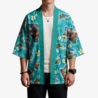 Hawaii Map with Plumeria Flower and Palaka Pattern Kimono Tropical Island Teal Design LT03 - Polynesian Pride