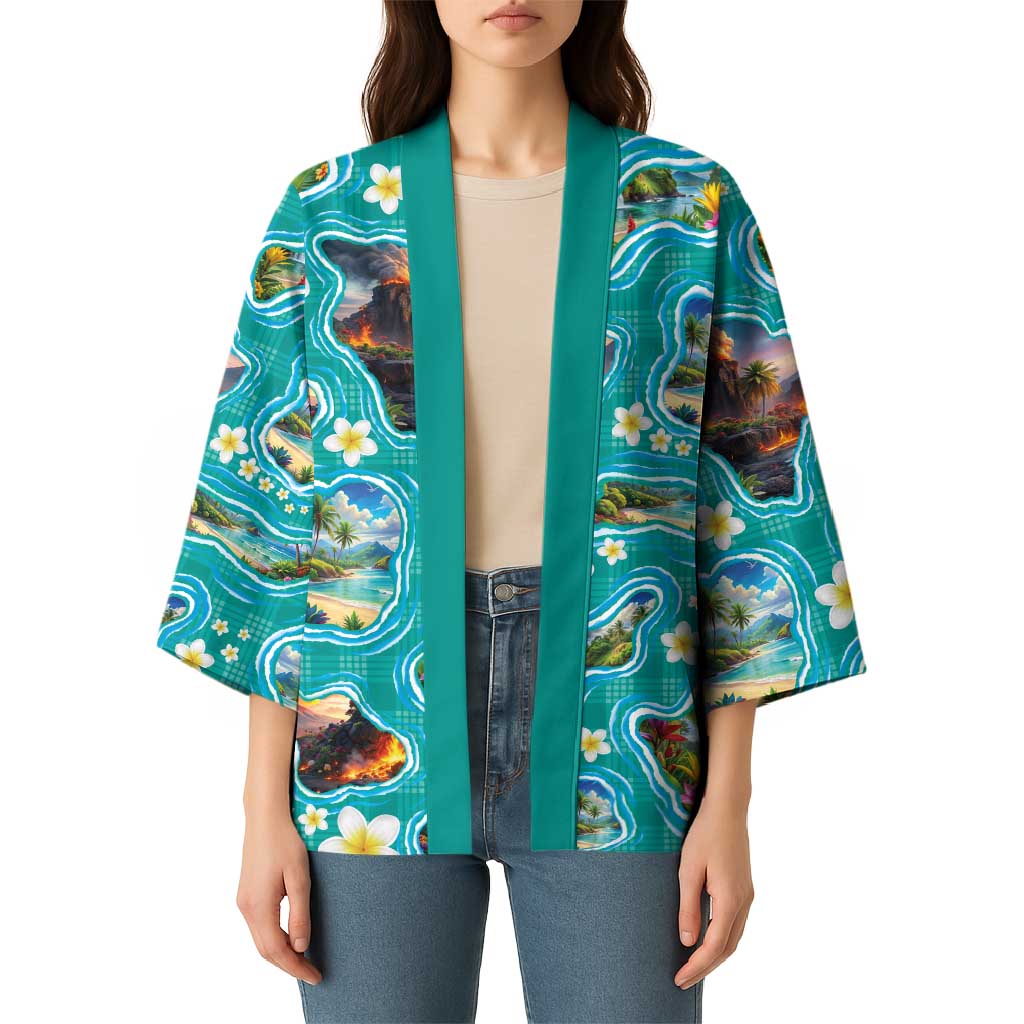 Hawaii Map with Plumeria Flower and Palaka Pattern Kimono Tropical Island Teal Design LT03 - Polynesian Pride