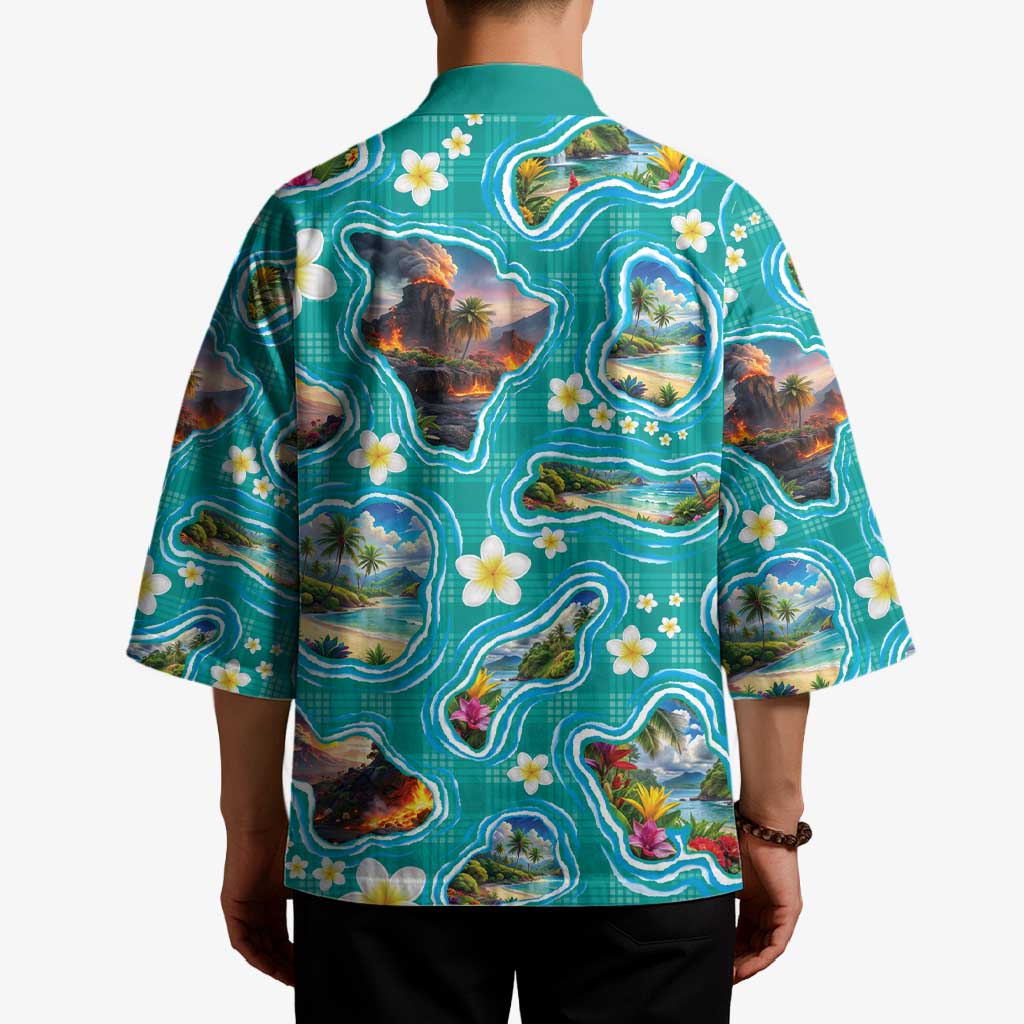 Hawaii Map with Plumeria Flower and Palaka Pattern Kimono Tropical Island Teal Design LT03 - Polynesian Pride