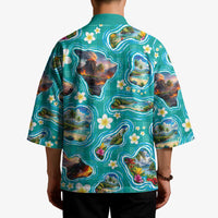 Hawaii Map with Plumeria Flower and Palaka Pattern Kimono Tropical Island Teal Design LT03 - Polynesian Pride