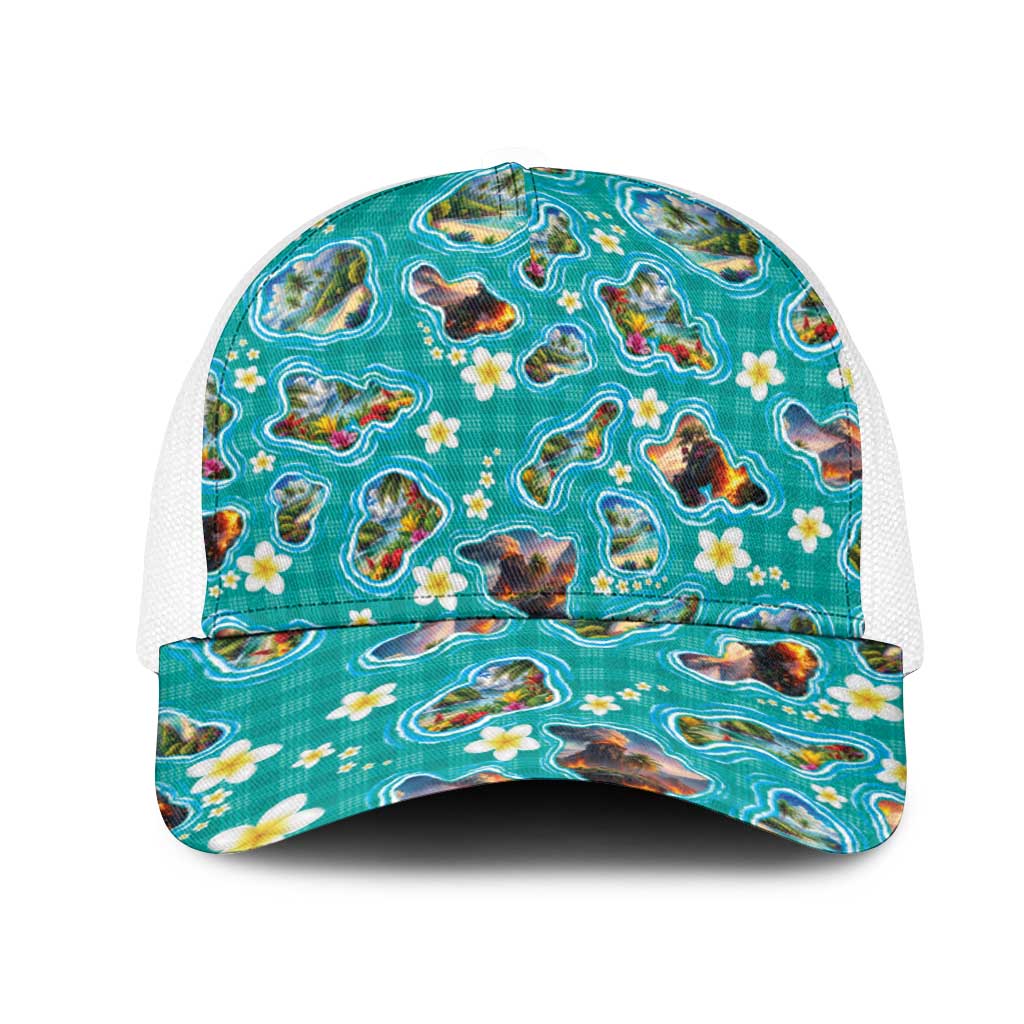 Hawaii Map with Plumeria Flower and Palaka Pattern Mesh Trucker Cap Tropical Island Teal Design LT03 One Size White Teal - Polynesian Pride