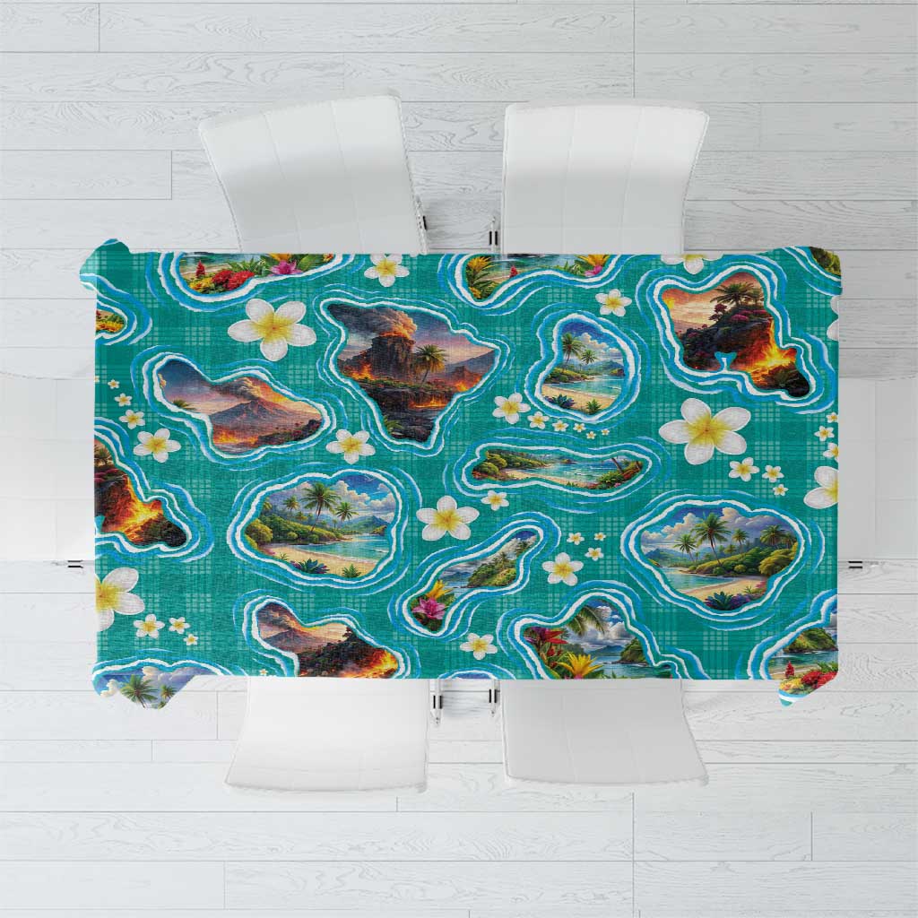 Hawaii Map with Plumeria Flower and Palaka Pattern Tablecloth Tropical Island Teal Design LT03 Teal - Polynesian Pride
