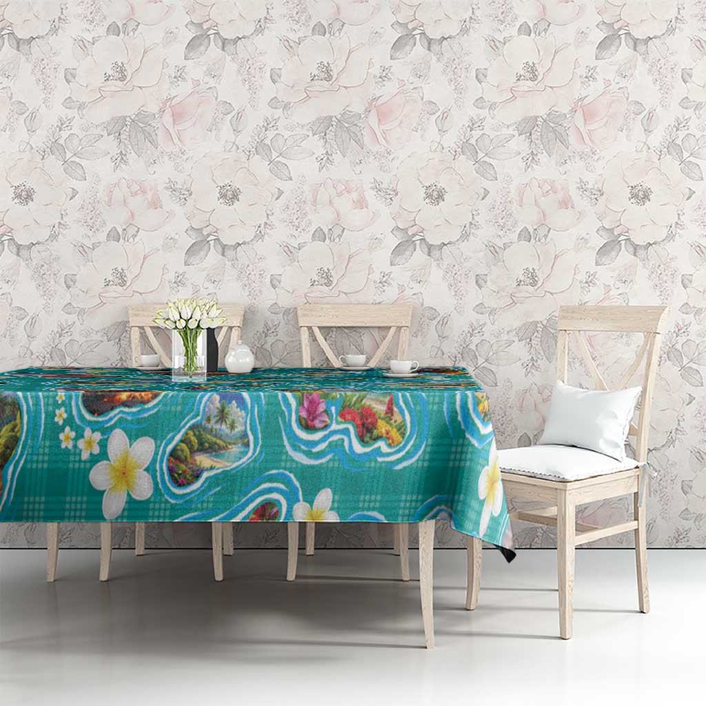 Hawaii Map with Plumeria Flower and Palaka Pattern Tablecloth Tropical Island Teal Design LT03 - Polynesian Pride