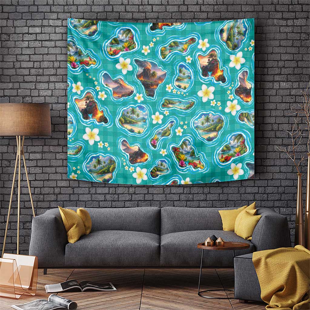 Hawaii Map with Plumeria Flower and Palaka Pattern Tapestry Tropical Island Teal Design LT03 Teal - Polynesian Pride