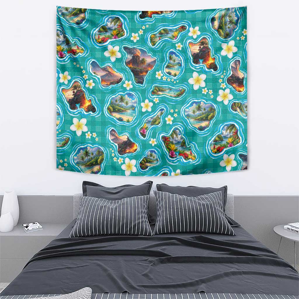 Hawaii Map with Plumeria Flower and Palaka Pattern Tapestry Tropical Island Teal Design LT03 - Polynesian Pride