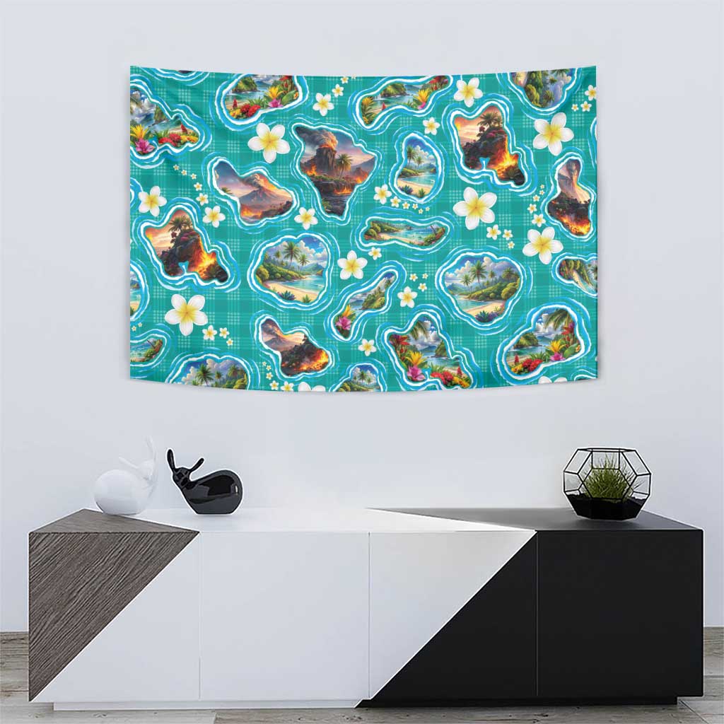 Hawaii Map with Plumeria Flower and Palaka Pattern Tapestry Tropical Island Teal Design LT03 - Polynesian Pride