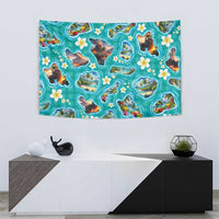Hawaii Map with Plumeria Flower and Palaka Pattern Tapestry Tropical Island Teal Design LT03 - Polynesian Pride