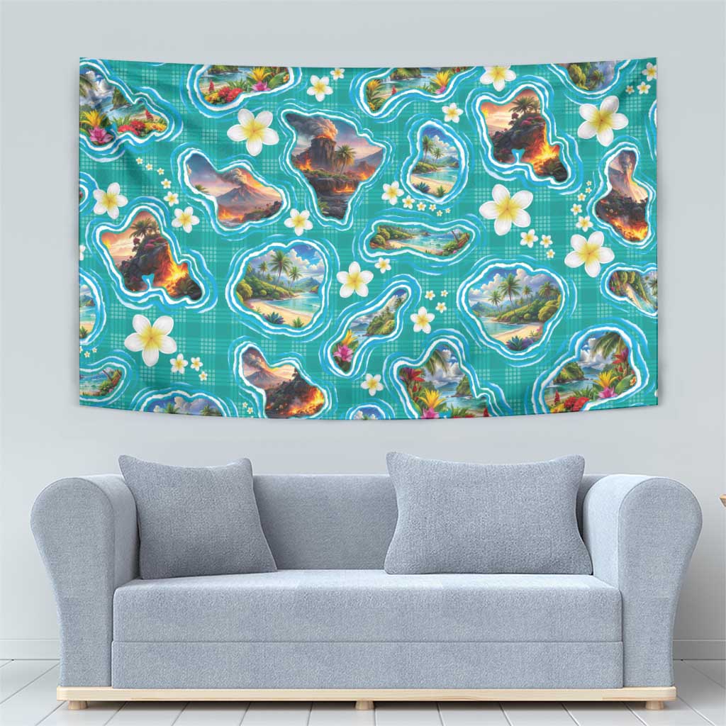Hawaii Map with Plumeria Flower and Palaka Pattern Tapestry Tropical Island Teal Design LT03 - Polynesian Pride
