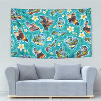 Hawaii Map with Plumeria Flower and Palaka Pattern Tapestry Tropical Island Teal Design LT03 - Polynesian Pride