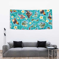 Hawaii Map with Plumeria Flower and Palaka Pattern Tapestry Tropical Island Teal Design LT03 - Polynesian Pride