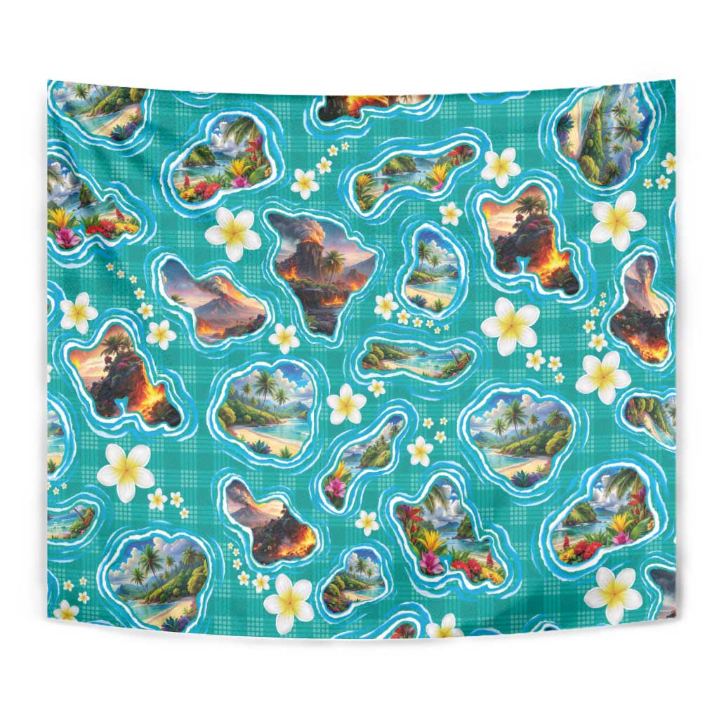 Hawaii Map with Plumeria Flower and Palaka Pattern Tapestry Tropical Island Teal Design LT03 - Polynesian Pride