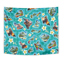 Hawaii Map with Plumeria Flower and Palaka Pattern Tapestry Tropical Island Teal Design LT03 - Polynesian Pride