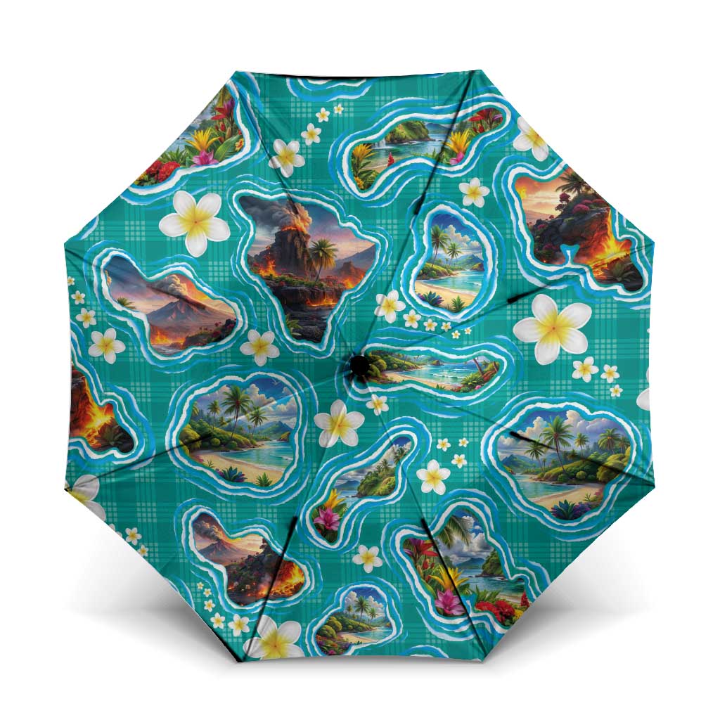 Hawaii Map with Plumeria Flower and Palaka Pattern Umbrella Tropical Island Teal Design LT03 One Size Folded 11.42 inch Opened Diameter 37.4 inch Teal - Polynesian Pride