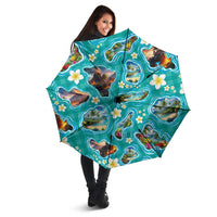 Hawaii Map with Plumeria Flower and Palaka Pattern Umbrella Tropical Island Teal Design LT03 - Polynesian Pride
