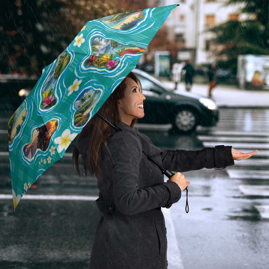 Hawaii Map with Plumeria Flower and Palaka Pattern Umbrella Tropical Island Teal Design LT03 - Polynesian Pride