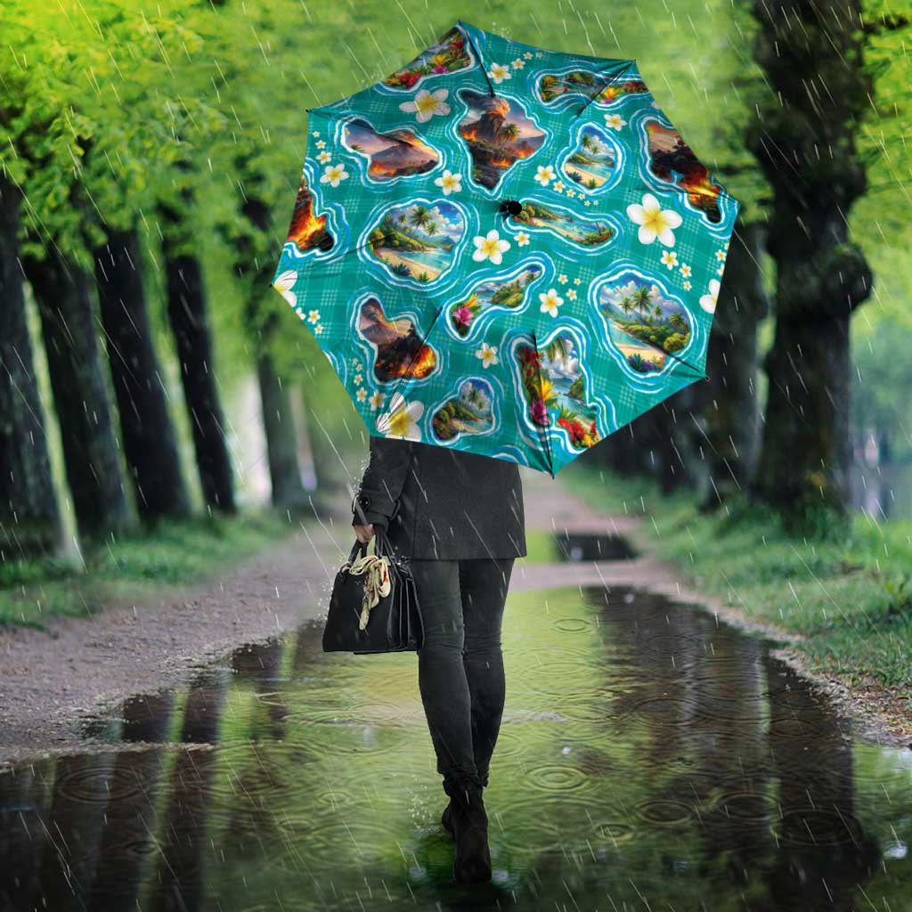Hawaii Map with Plumeria Flower and Palaka Pattern Umbrella Tropical Island Teal Design LT03 - Polynesian Pride