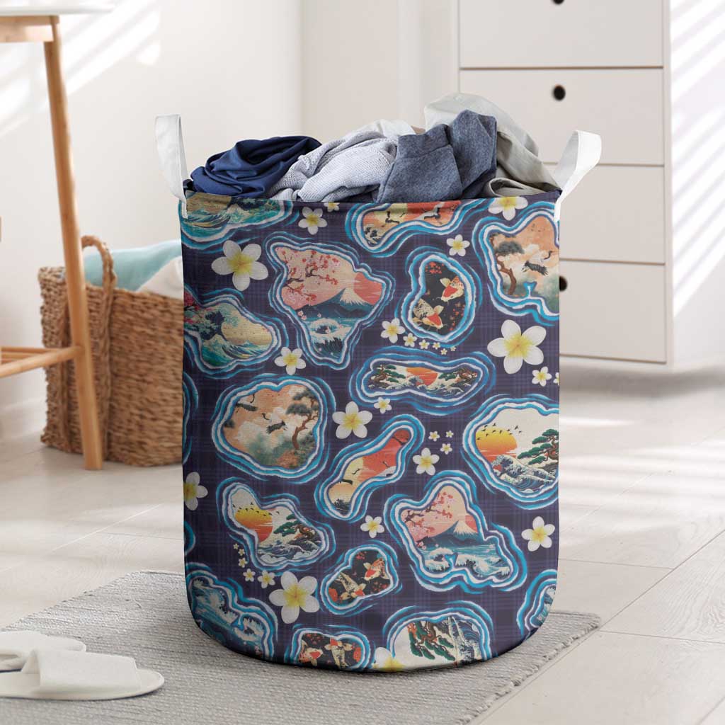 Hawaii Islands Map Design with Japanese Landscape Laundry Basket Hawaiian Japan Fusion Art Navy Color LT03 Navy - Polynesian Pride