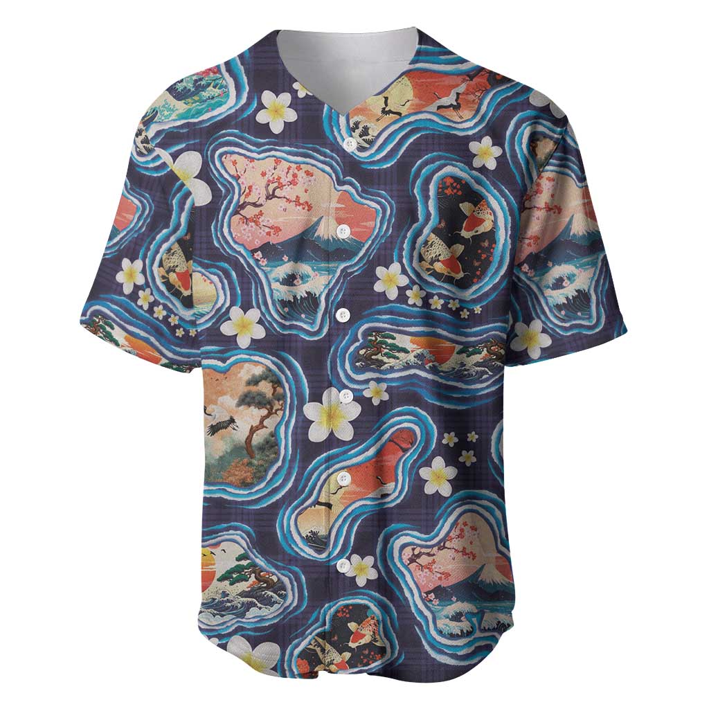Hawaii Islands Map Design with Japanese Landscape Baseball Jersey Hawaiian Japan Fusion Art Navy Color LT03 Navy - Polynesian Pride