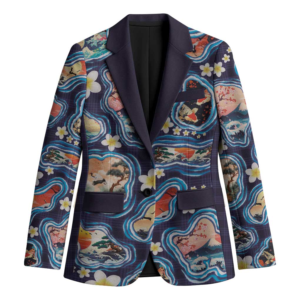 Hawaii Islands Map Design with Japanese Landscape Blazer Hawaiian Japan Fusion Art Navy Color LT03 Unisex Navy - Polynesian Pride