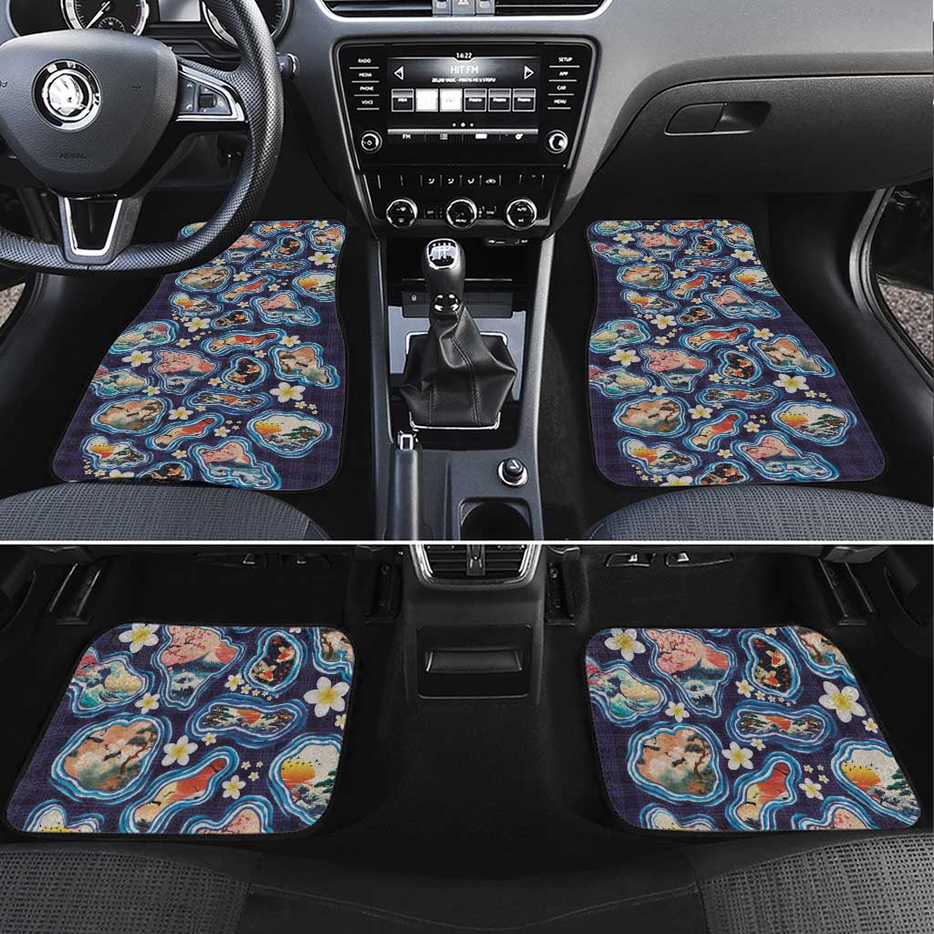 Hawaii Islands Map Design with Japanese Landscape Car Mats Hawaiian Japan Fusion Art Navy Color LT03 Set 4pcs Navy - Polynesian Pride