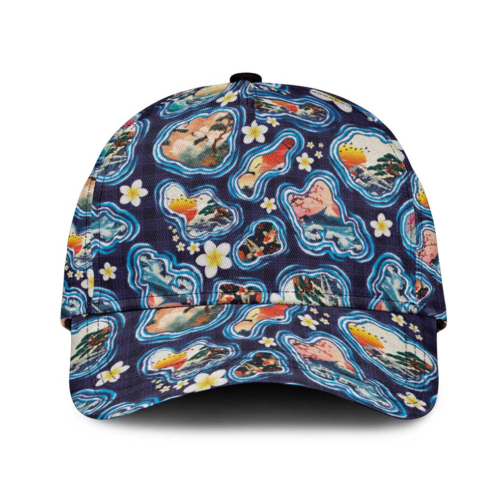 Hawaii Islands Map Design with Japanese Landscape Classic Cap Hawaiian Japan Fusion Art Navy Color LT03 Universal Fit Navy - Polynesian Pride